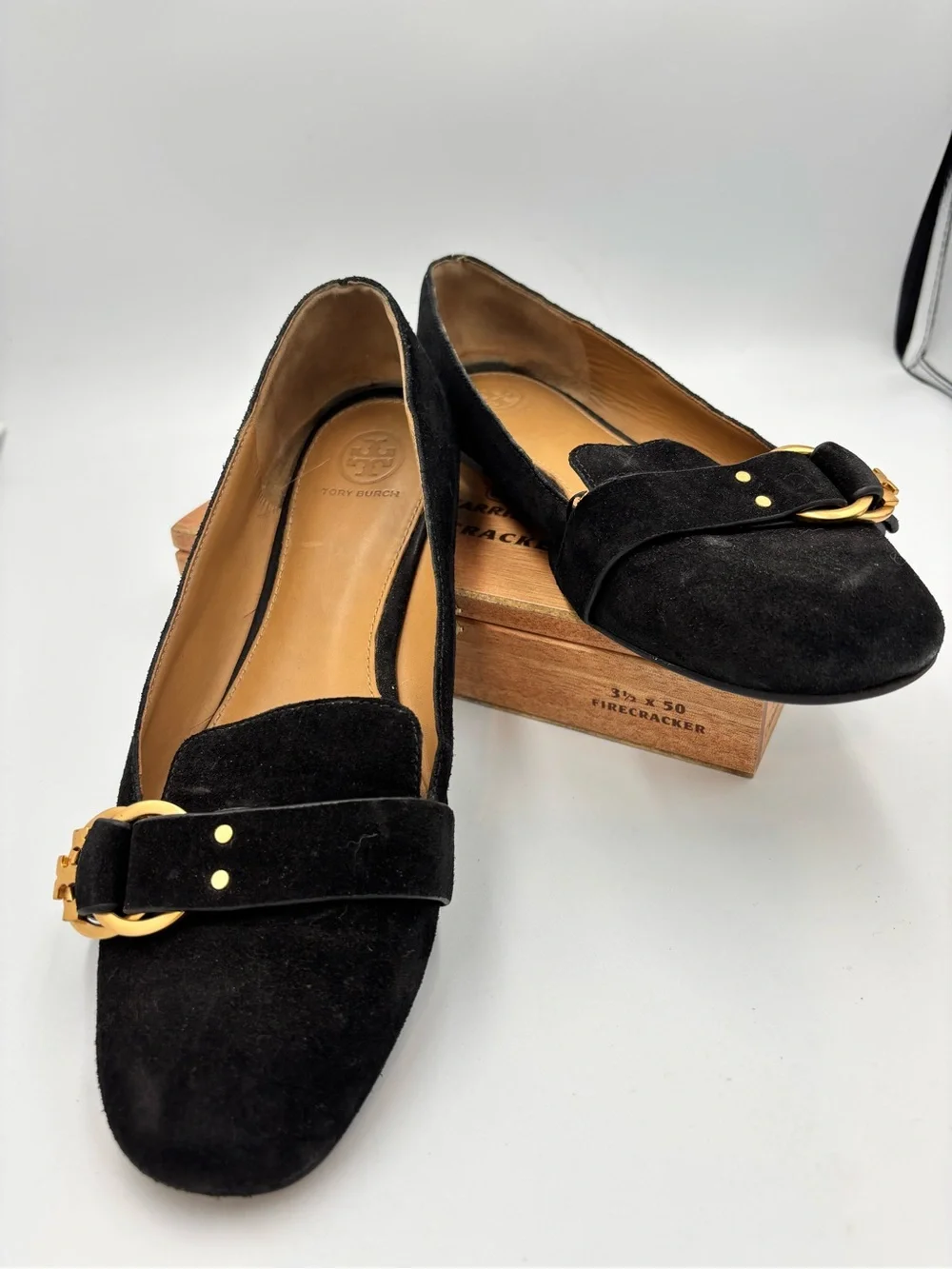 Tory Burch Marsden Suede Smoking Loafer Perfect Black Gold Buckle Flats Sz 9.5